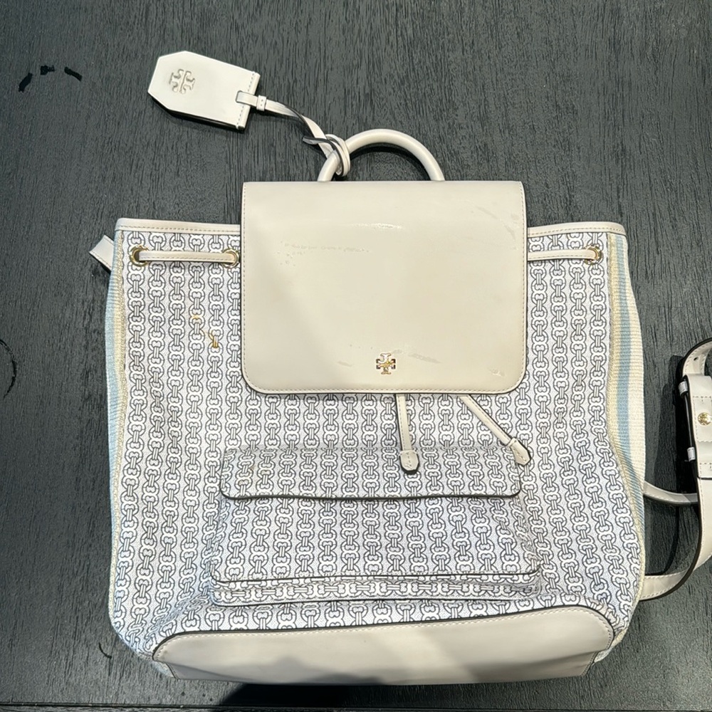 Tory Burch Gemini Link Medium Canvas & Leather Backpack / Used